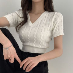New Korean version of narrow waist short sleeve knitted top in spring and summer