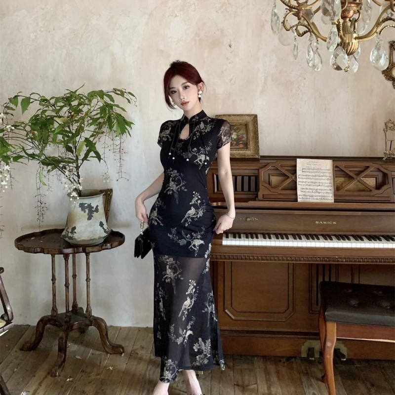 New retro Chinese style modified cheongsam mesh printed slit temperament dress