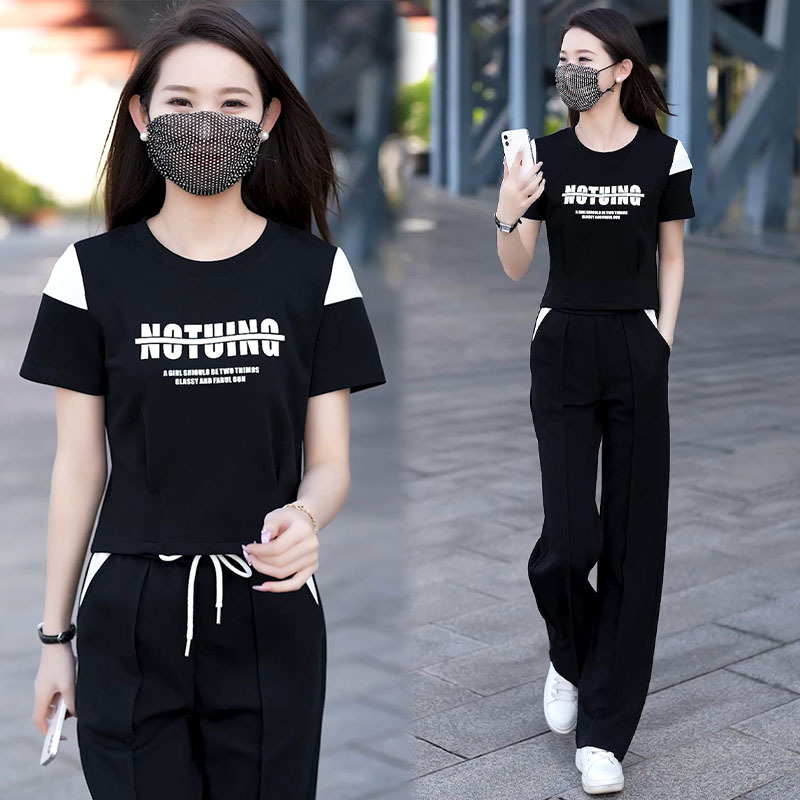 High cotton-containing casual fashion suit for women's summer new loose short-sleeved wide-leg pants two-piece set