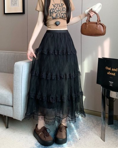 Spot real shots and real price white half-length skirt high waist A-line lace spliced ​​fairy cake skirt for women