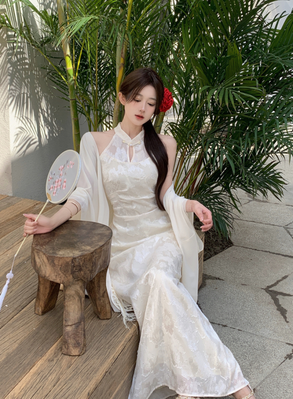 New Chinese style cool and improved cheongsam long skirt temperament retro cardigan two-piece set daily marriage proposal and collar skirt