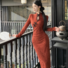 New retro Chinese style elegant mid-length hip-cover dress Angora red festive long-sleeved cheongsam