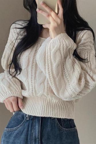 Twist sweater winter Korean style chic lazy style lantern sleeve solid color square collar pullover long sleeve knitted sweater