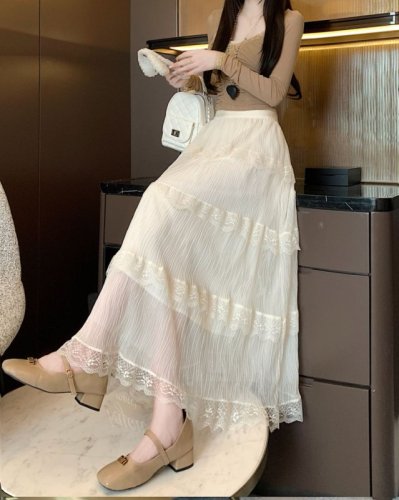 Spot real shots and real price white half-length skirt high waist A-line lace spliced ​​fairy cake skirt for women