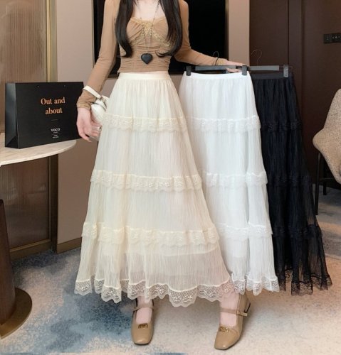 Spot real shots and real price white half-length skirt high waist A-line lace spliced ​​fairy cake skirt for women