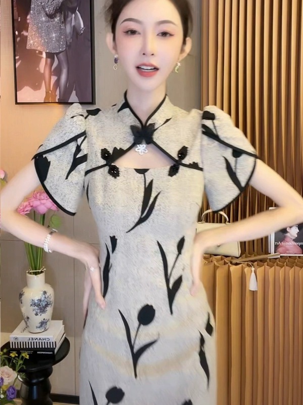 New summer women's Chinese style retro button hollow design dress modified cheongsam skirt temperament skirt