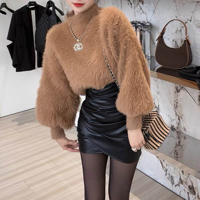Lazy style sweater for women in autumn and winter new half-high neck lantern sleeve thickened pullover sweater top