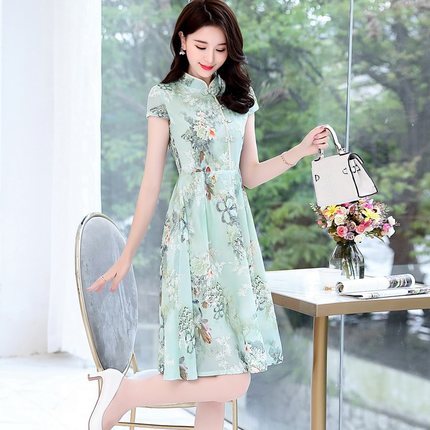 Cheongsam modified version dress small summer new retro Chinese style short girl print skirt