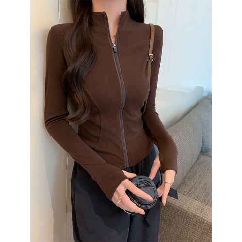 Korean hot girl lapel zipper long-sleeved jacket for women slim fit inner bottoming shirt tight body