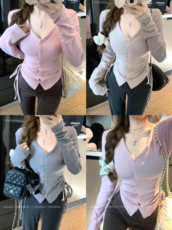 Pleated V-neck cardigan with fur bottoming long sleeves 3 tops