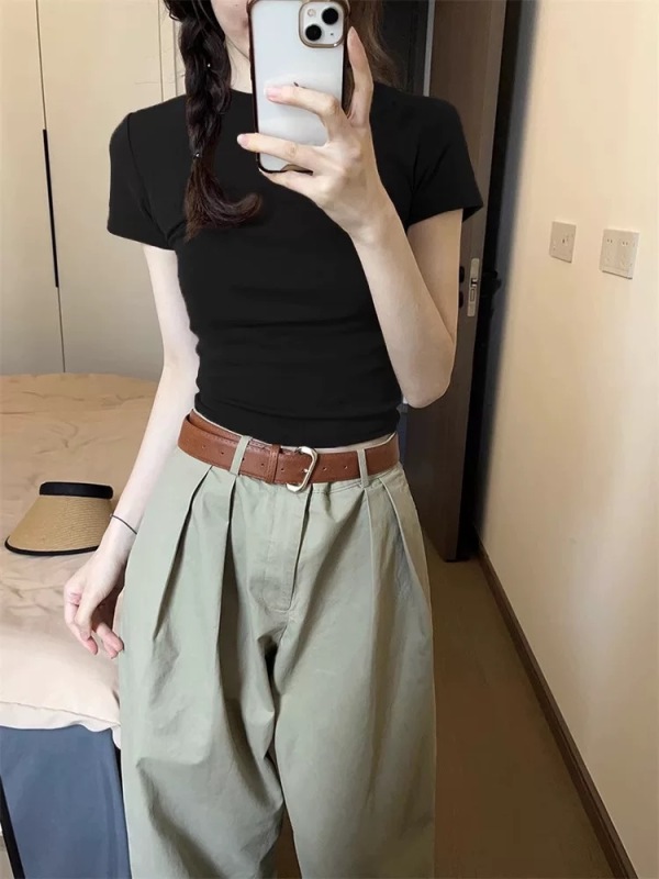 Burgundy tight skinny shoulder T-shirt for women's retro white top summer American hottie chic round neck short sleeves