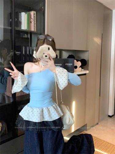 New spring spliced ​​mesh polka dot off-shoulder base shirt for women