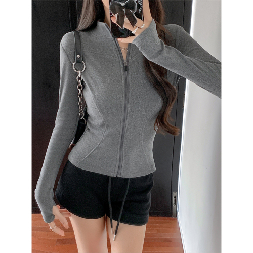 Korean hot girl lapel zipper long-sleeved jacket for women slim fit inner bottoming shirt tight body