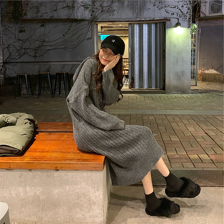 Thickened inner wear in autumn and winter loose and lazy style mid-length over-knee hooded knitted base dress