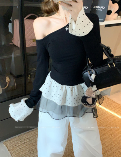 New spring spliced ​​mesh polka dot off-shoulder base shirt for women