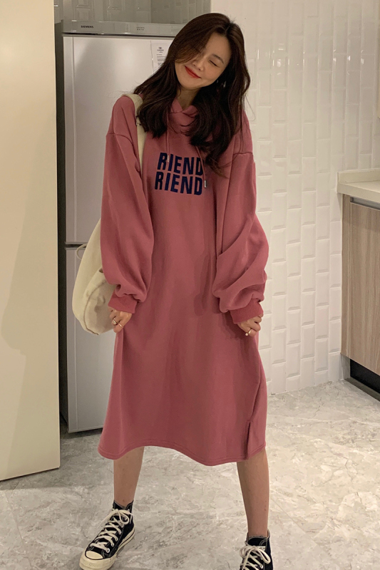 12.5% ​​cotton 87.5% polyester 270g plus velvet thickened versatile lazy slim sweatshirt dress