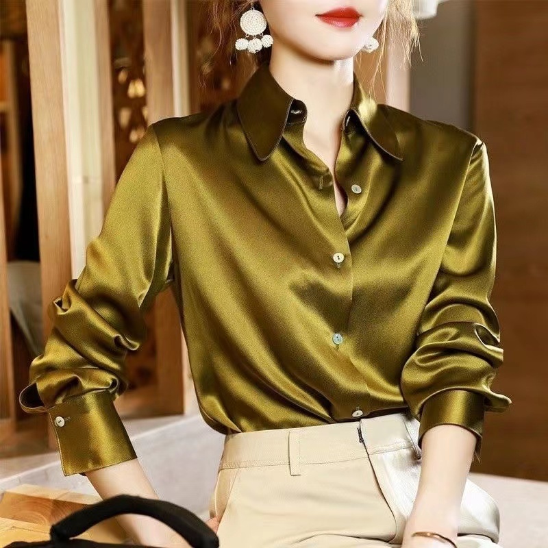 Satin shirt for women spring and autumn long sleeves new professional chiffon top lazy solid color design shirt