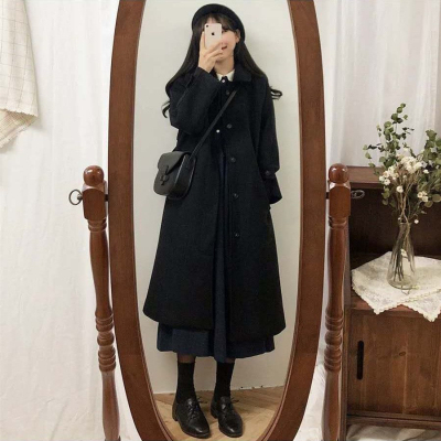 Student woolen coat for women's mid-length autumn and winter new Korean version loose slim and thickened knee woolen coat