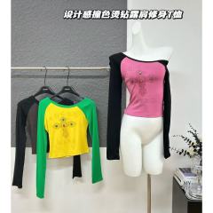 Tongiiuu American comic hot girls design contrast color hot diamonds off-shoulder T-shirt female hot girls slim top spring