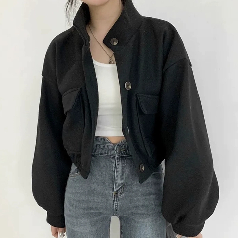 Korean chic stand collar single-breasted loose casual versatile long-sleeved short woolen jacket for women