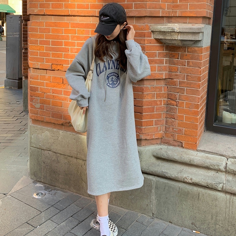 250g big sweatshirt, double hat, autumn and winter plus velvet thickened over-knee long hooded sweatshirt for women