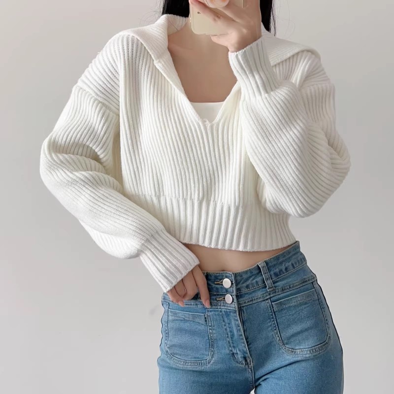 French high-end lazy style sweater jacket for women in autumn short hot girls loose big flip V-neck collarbone knitted sweater