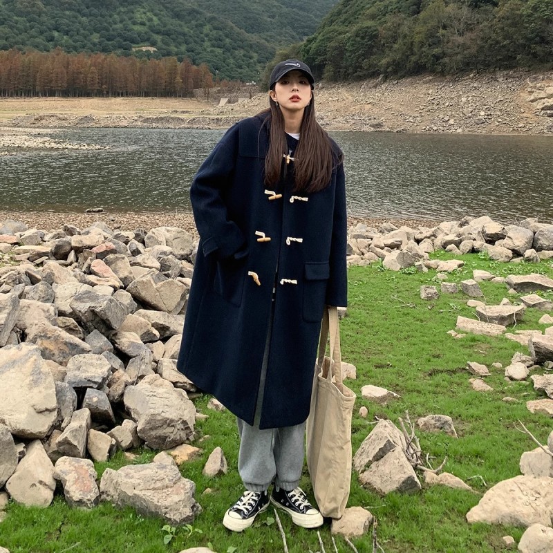 Women's mid-length new autumn and winter thickened hooded Japanese wool woolen jacket