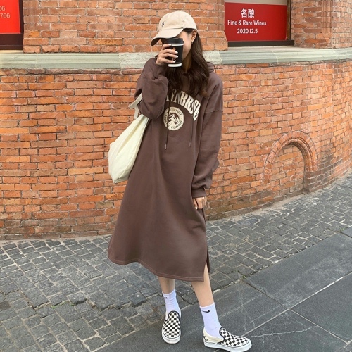 250g big sweatshirt, double hat, autumn and winter plus velvet thickened over-knee long hooded sweatshirt for women
