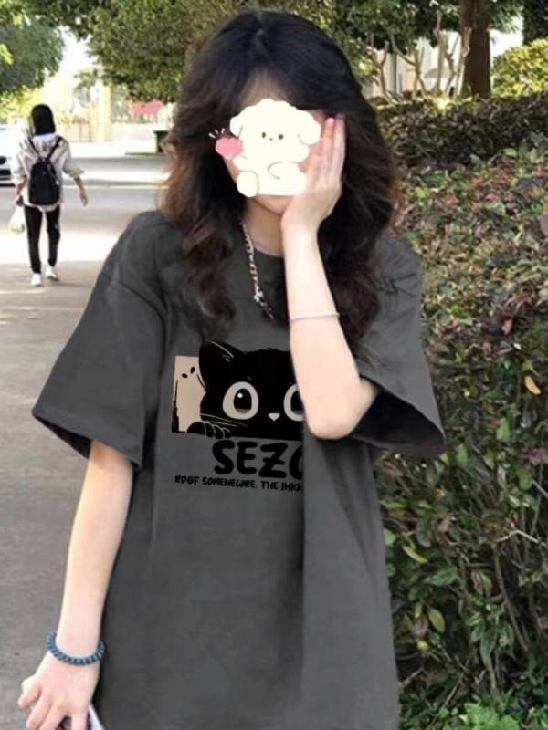 High-quality pure cotton 200g combed tight 100% cotton live broadcast same product front printed loose short-sleeved T-shirt for women