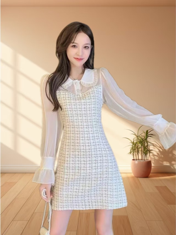 French new style small and fragrant style fashionable chiffon spliced ​​long sleeve dress for women