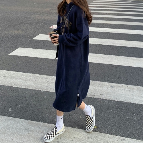 250g big sweatshirt, double hat, autumn and winter plus velvet thickened over-knee long hooded sweatshirt for women