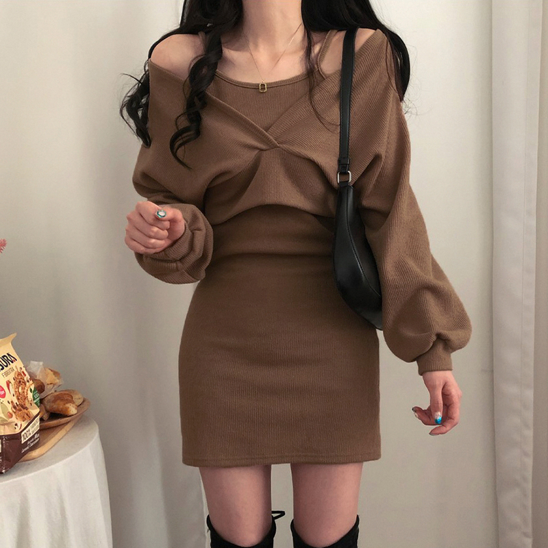 Korean spring dress retro temperament high-waist thread suspender dress loose long-sleeved short blouse two-piece set