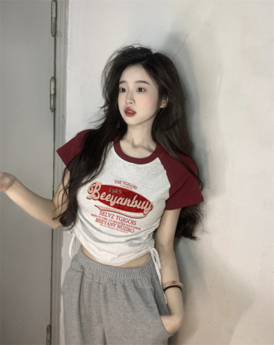 American retro cotton front shoulder short-sleeved T-shirt for women's color-blocking design slim printed drawstring top