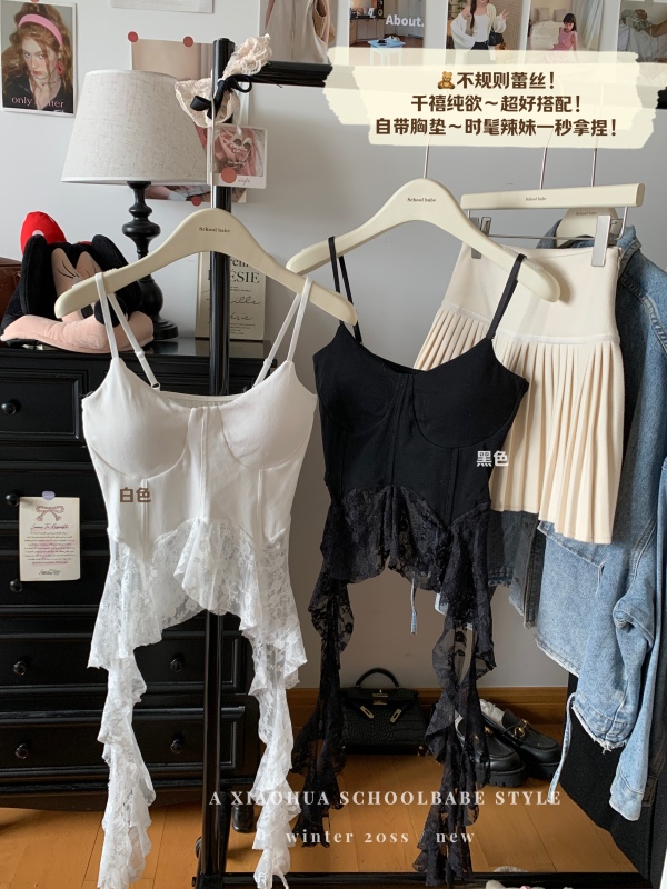 French temperament design slim and slim V-neck temperament lace short suspender versatile top for women