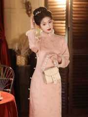 Pink cheongsam new Chinese style autumn and winter modified engagement skirt plus velvet thick tea clothes warm Chinese style women's clothing