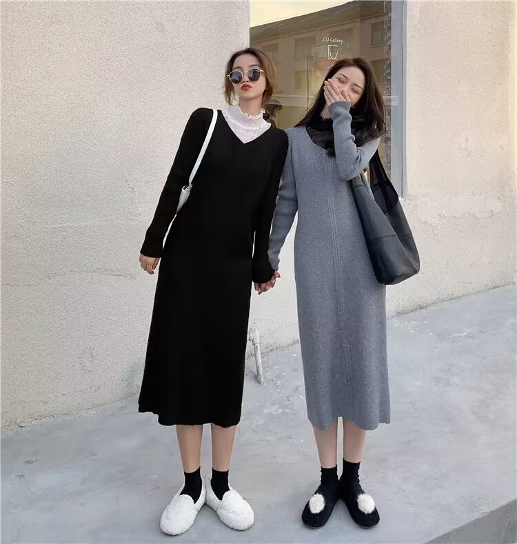 New retro temperament over-knee long skirt with high-end feeling sweet French knitted dress goddess style