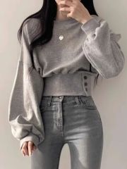 Official photo Huamian composite Korean chic autumn niche design buckle long-sleeved short sweatshirt