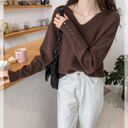 Long-term spot autumn and winter new V-neck knitted multi-color base shirt solid color temperament long sleeve thin women's top