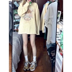 Spot stock high-quality pure cotton 200g 21 combed precision printed autumn loose long-sleeved T-shirt for women