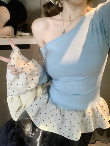New spring spliced ​​mesh polka dot off-shoulder base shirt for women