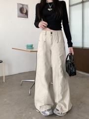Rice and apricot color wide-leg work pants for women American design high waist loose slim straight pants
