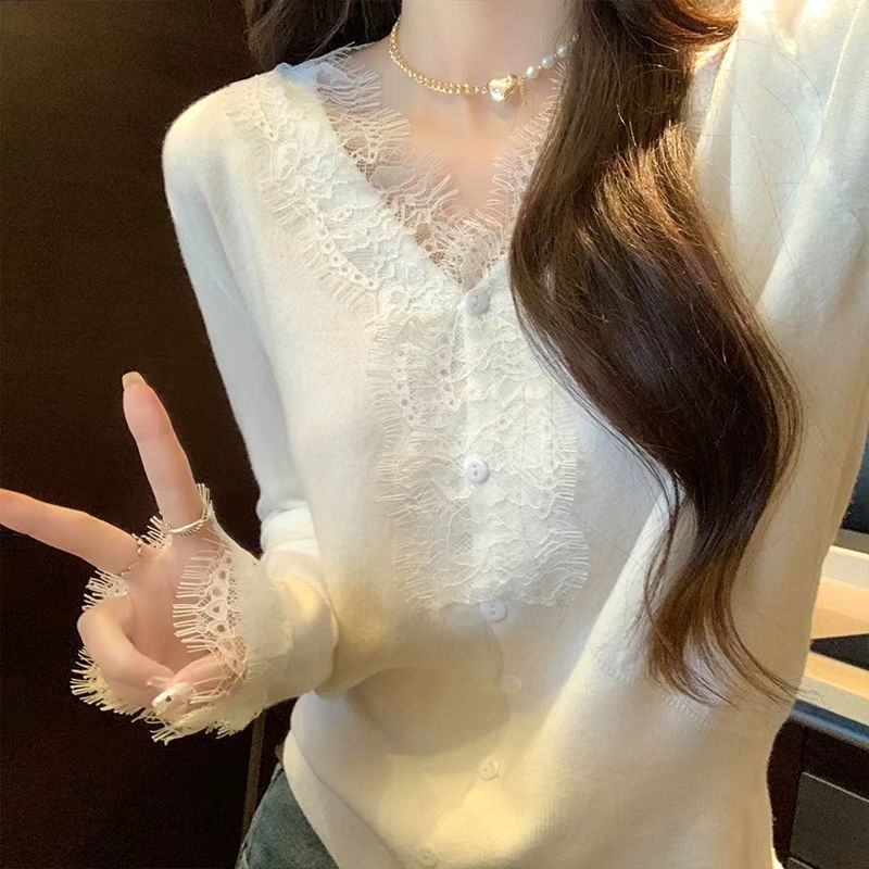 Lace V-neck White Knitted Bottom Sweater Cardigan Autumn and Winter New Style Fashionable Long Sleeve Short Sweater Top