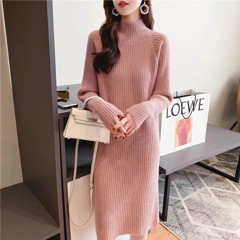 Half turtleneck sweater dress for women, long over-the-knee autumn and winter new loose Korean version versatile black knitted base shirt