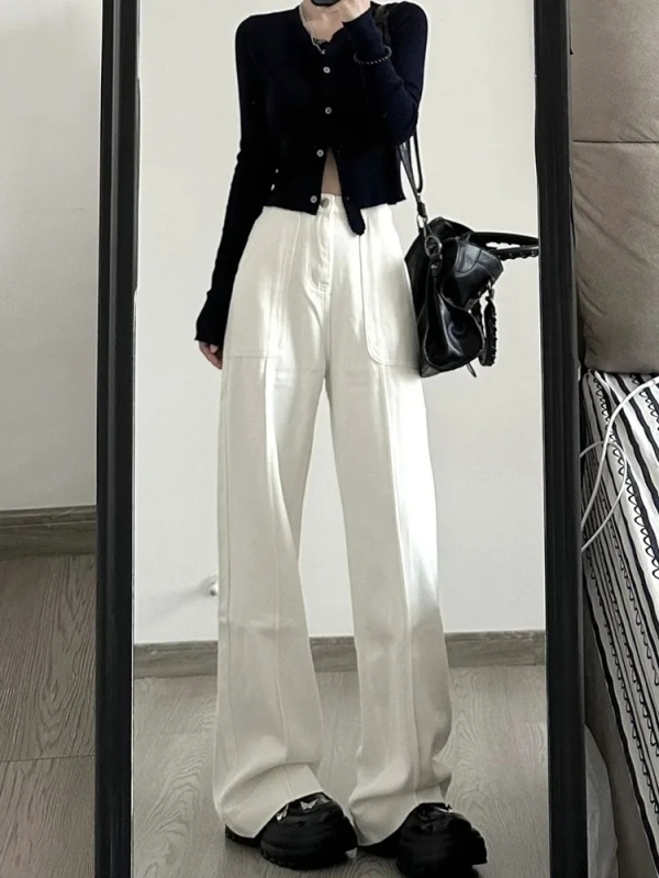 American high street white wide-leg jeans for women in autumn new design high waist slim loose draped straight pants