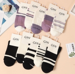 Striped socks for women in spring and autumn four seasons double needle pure cotton 100% sweat-absorbing and not smelly feet
