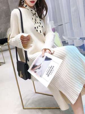 Pullover sweater for women mid-length over-knee loose autumn and winter new base knitted dress