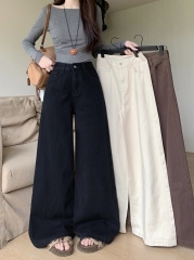 Solid color high waist wide-leg floor jeans