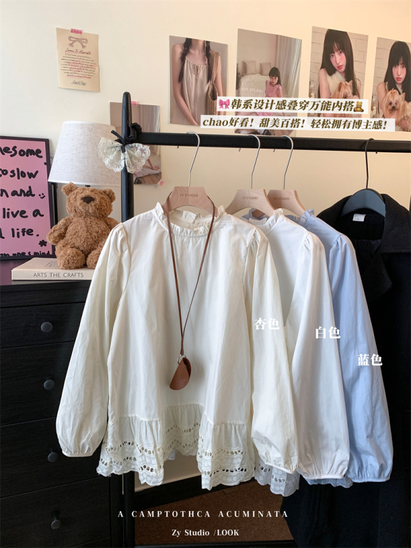 Free and easy, silhouette, relaxed and elegant, fungus lace shirt, hollow hem shirt