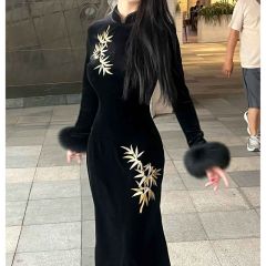 Retro style winter new style new Chinese style high-end super temperament fur sleeve cheongsam skirt long sleeve gold bamboo