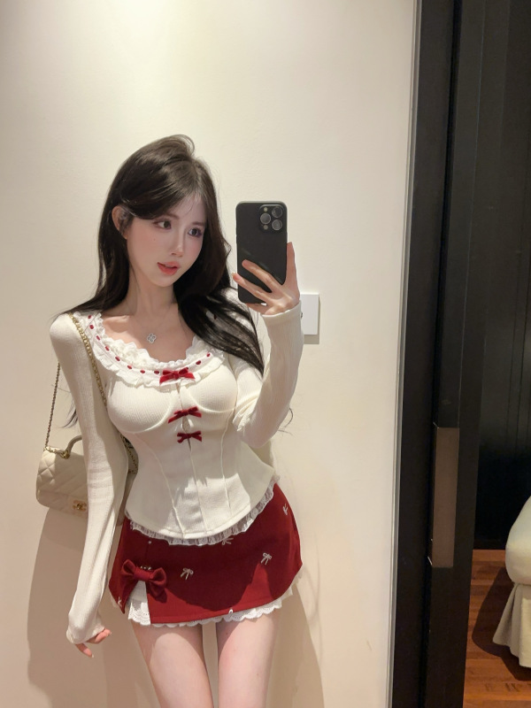 Bow embroidered lace fake two-piece high-waisted hip skirt for women sweet and spicy half-body skirt